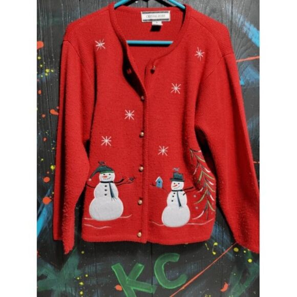 Red Crystal Kobe Snowman w/bells for buttons Sweater Christmas‎ #015 - Picture 1 of 4